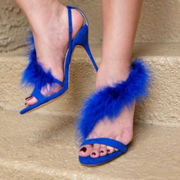 Blue Feathered Fringe Open Toe Single Sole Heels - Picture 5 of 9